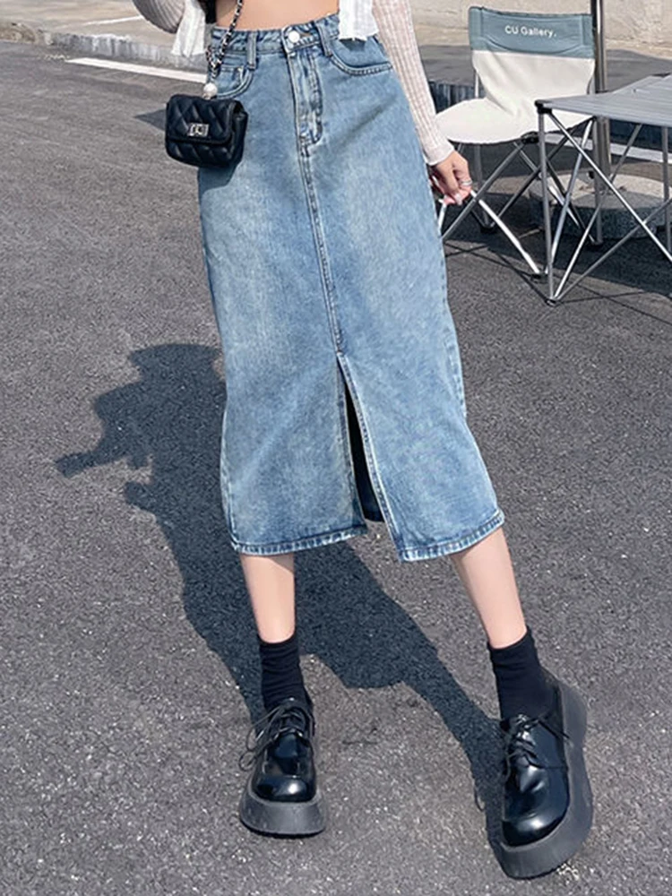 Ins Summer Women High Waist Denim Skirt Jeans Lady Basic Student A Line Retro Split Streetwear Preppy Style Mini Dress Plus Size