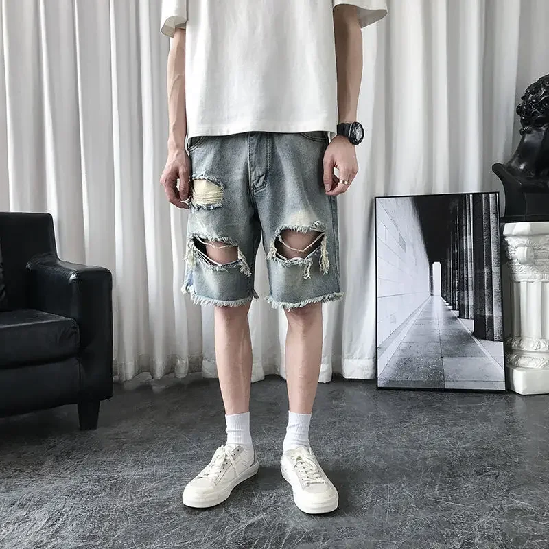

Baggy with Pockets Bermuda Ripped Long Male Denim Shorts Drawstring Wide Men's Short Jeans Pants Loose Half Sale Y2k Fashion Emo