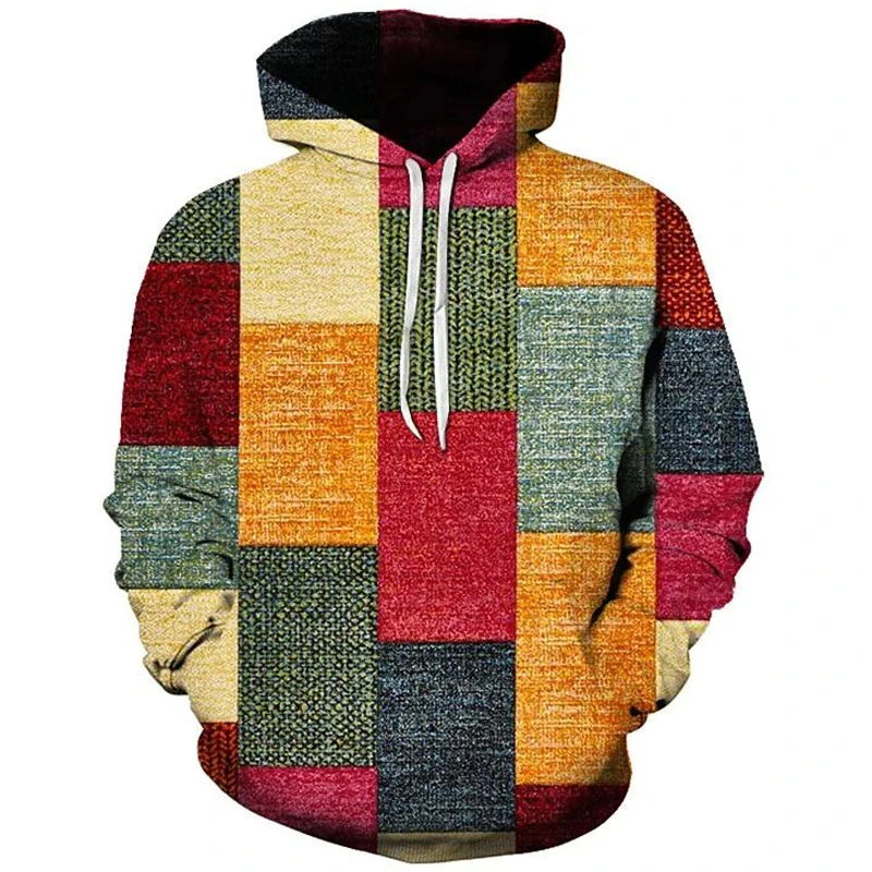 New Geometric Pattern Hoodies Color Block Plaid 3D Print Man Women Vintage Hoodie Oversized Pullovers Sweatshirts Kids Clothing