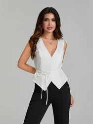 Elegant Fashion Summer Sleeveless V-Neck Tie-up Vest Tops Women's Cropped Waistcoat with Belted Solid Color Slim Outerwear