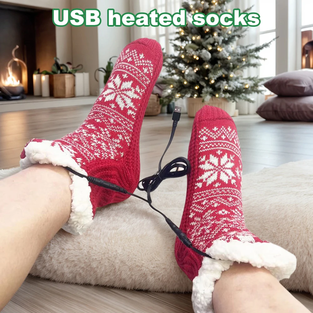Christmas Home Indoor USB Verwarmde zachte gebreide sokken Antislip pluizige pantoffelsokken Winter pluche vloersokken Warme bedtapijtsokken