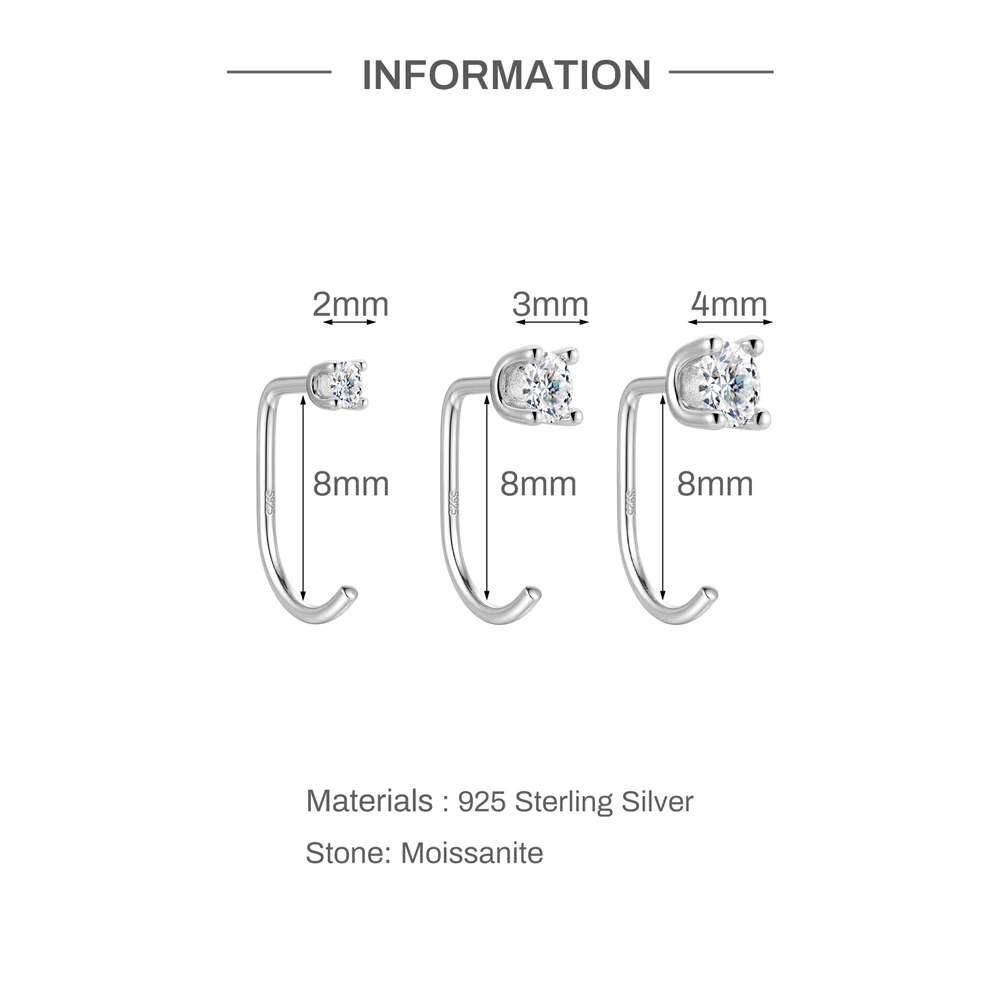 Aide 2/3/4mm Moissanite Stud Earrings for Women S925 Sterling Silver Curved Hook Hanging Earring Dainty Wedding Bridesmaid Gift