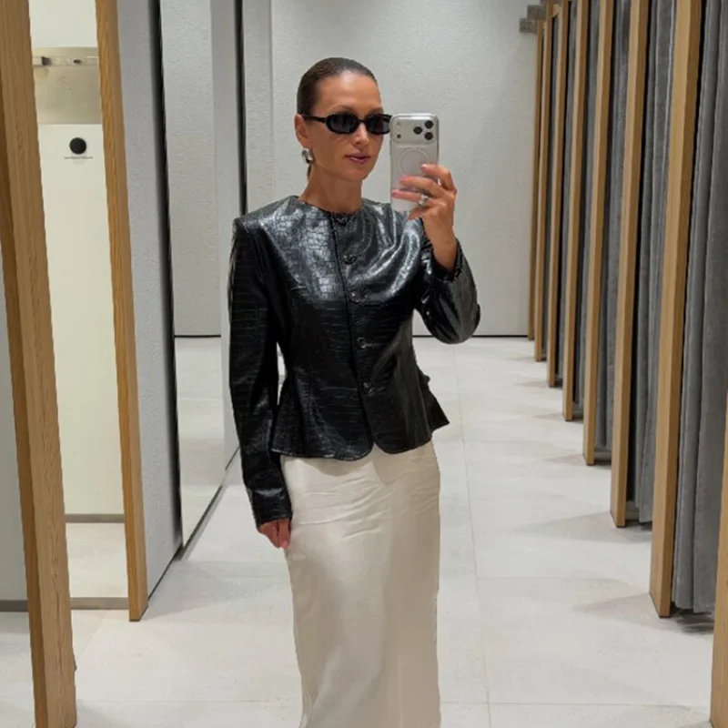 Women Croc Print Faux Leather Jacket Crew Neck Button Front Flared Peplum Hem Slim Fit Cropped Coat Street Ladies Outerwear