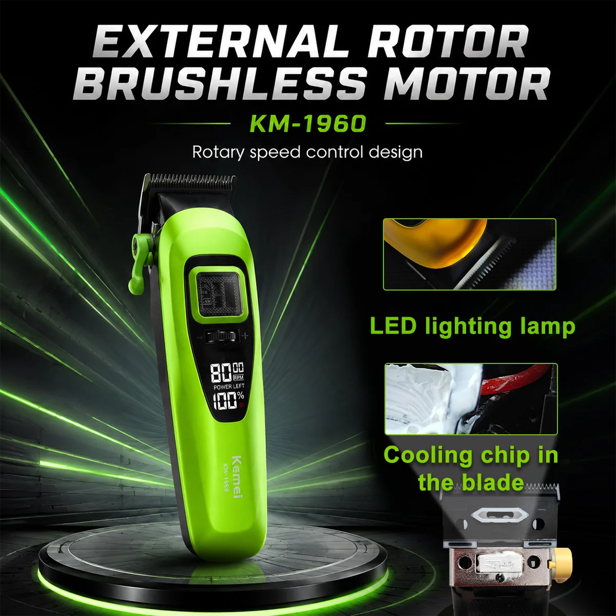 Kemei KM-1960 Professional Hair Cutter DLC Blade External Rotor Brushless Motor 8000RPM LED Display Men's Hair Cutting Machine