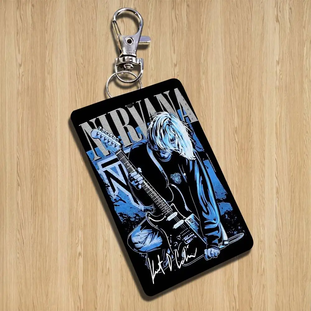 カート・コバーンバンド N-Nirvana 長方形 ID カードケース キーホルダー アクセスカードバッグ キータグリング レザーカードホルダー キーリング アクセス