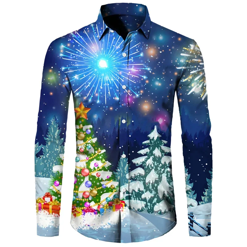 New Year Party Shirt Christmas Snowman Men\'s Long Sleeves Shirt 2024  3D Printed Long Sleeve Tops Casual Christmas Men\'s Shirt