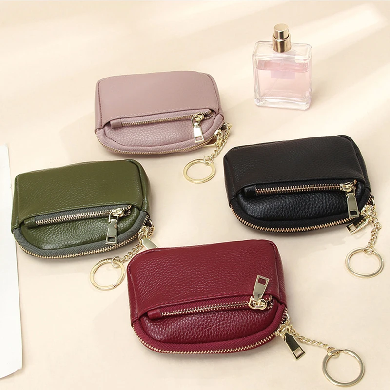 Women Coin Purse Genuine Leather Female Double Zipper Travel Organizer Mini Pouch Women Storage Bag with Key Chain Small Wallets