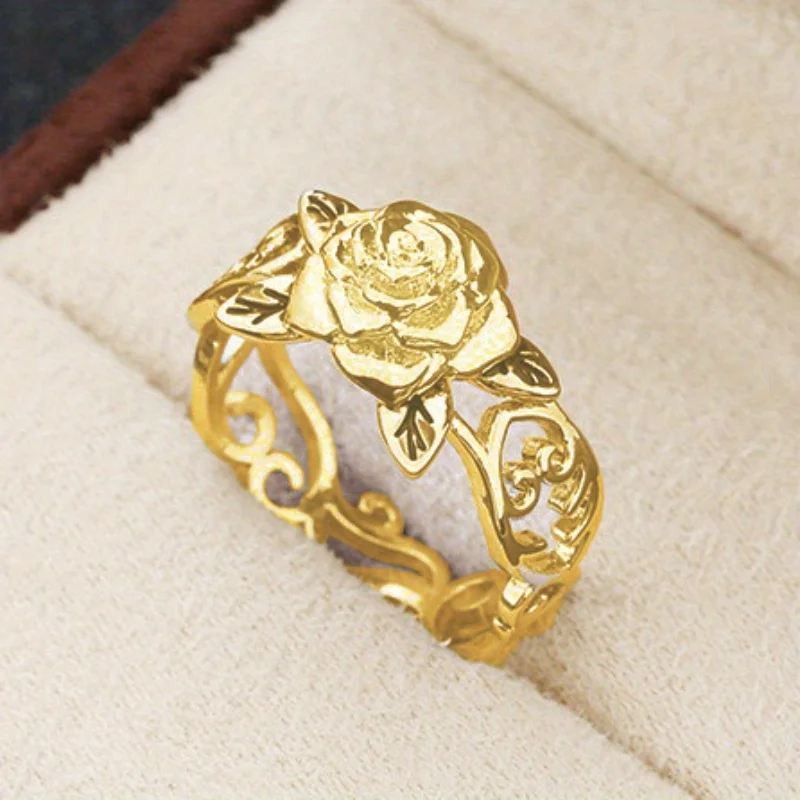 1 unidad. Anillo de compromiso, boda o aniversario para novia, con diseño de hojas y rosas caladas, elegante y de estilo moderno. Anillo para mujer, ideal para el día a día, ocasiones especiales y como accesorio casual. Perfecto como regalo para el Día de San Valentín, Navidad o el Día de la Madre. Un regalo bonito y económico para una chica.
