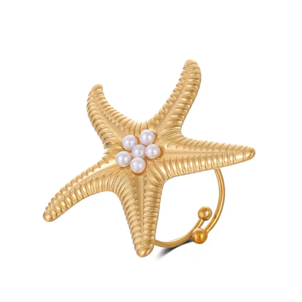 Stainless Steel Pearl Starfish Adjustable Ring for Women's Party Gifts New Trend