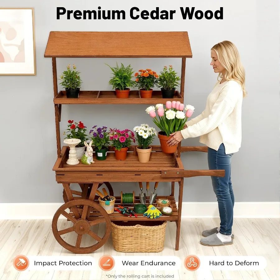 Flower Cart Display Stand with Wheels, 3 Tier Dessert Candy Cart Decorative Wooden Rolling Market Flower Display Stand for Indo