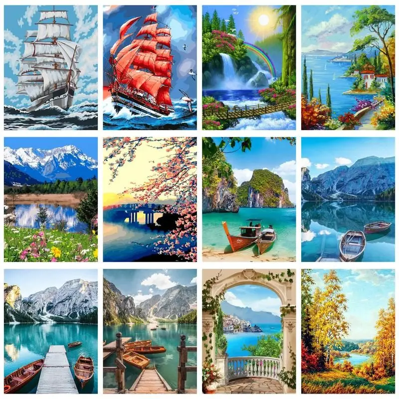 

CHENISTORY Paint By Number Sea Drawing On Canvas Gift DIY Pictures By Numbers Boat Kits Hand Painted Painting Art Home Decor