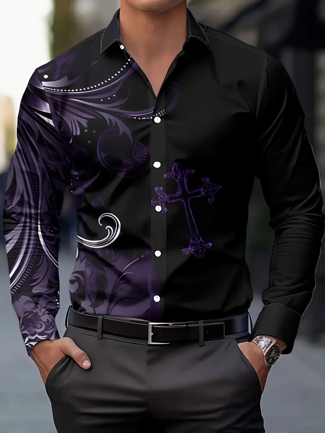 New emerald butterfly floral print men's long sleeved shirt light luxury vacation style casual flower shirt clothing
