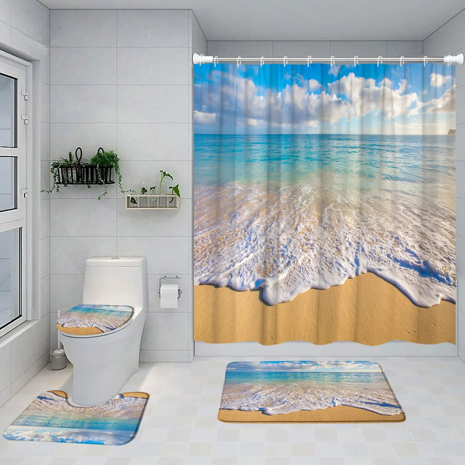 Seaside Beach Shower Curtain Set Island Coconut Tree Hawaii Ocean Nature Scenery Bathroom Decor Non-Slip Rug Bath Mat Toilet Lid