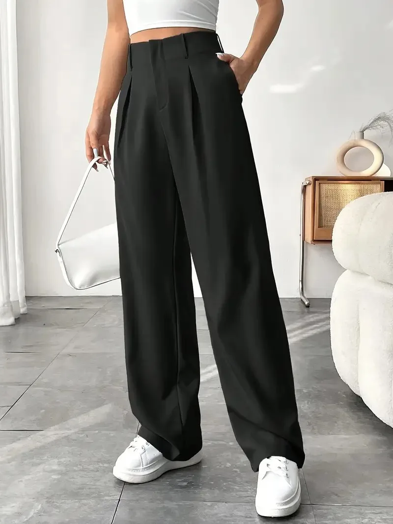 Damen High-Waist Straight-Leg Hosen Slim Fit Einfarbige Plissierte Anzughosen mit Taschen Büro Klassische Freizeithosen – Detail 10