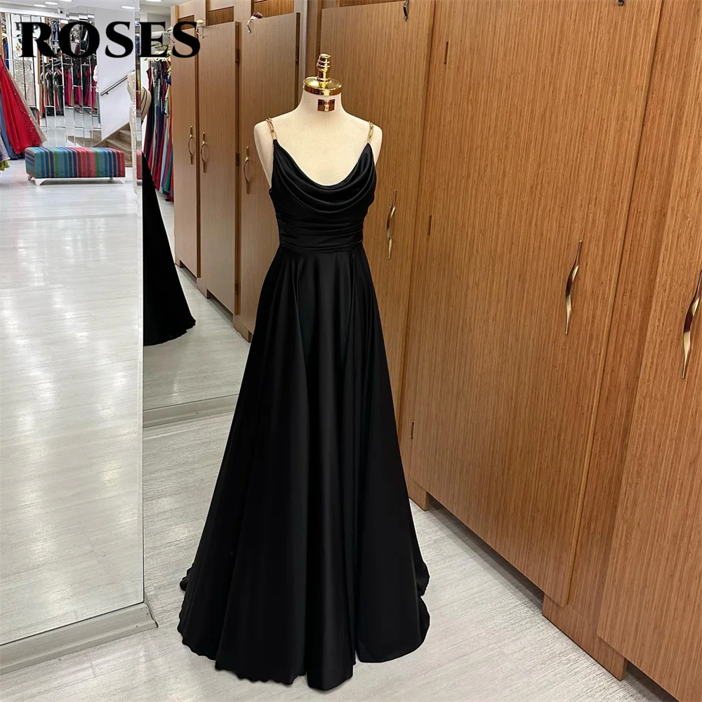 

ROSES Spaghetti Strap Evening Dresses Black Charming Prom Dress Pleat A Line Stain Party Dress Drop Shipping vestidos de noche