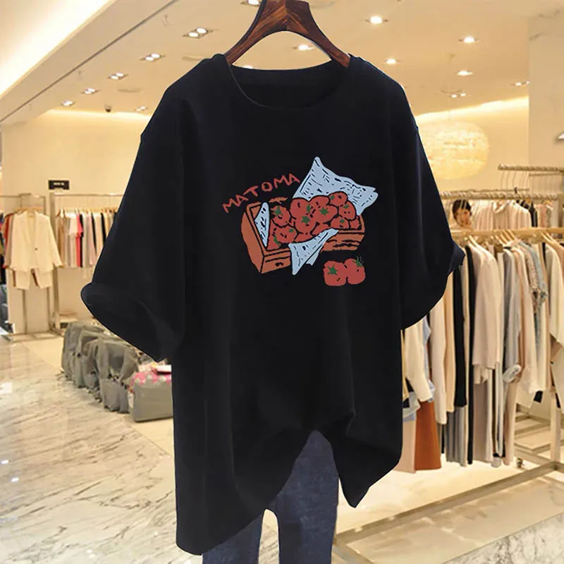 Verano 2025, nueva moda, camisetas con estampado de tomate pintadas a mano, ropa de mujer, Top informal holgado de algodón puro, camisetas elegantes de manga corta