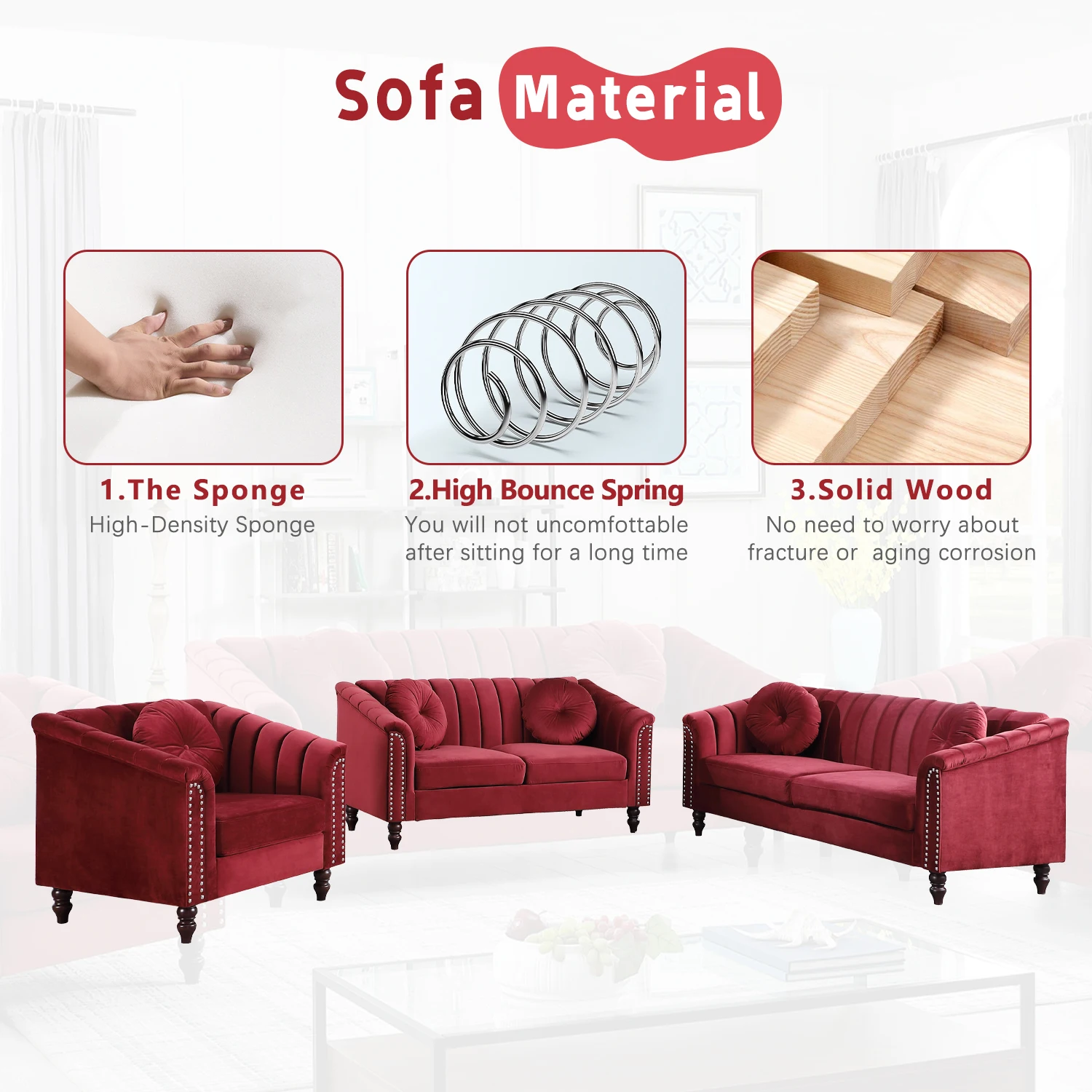 Sofas Red Microfiber 3-Piece Couch Living Room Sofa Set Couch Set Living Room Furniture Nordic Sofa Bed Elegant and Comfortable