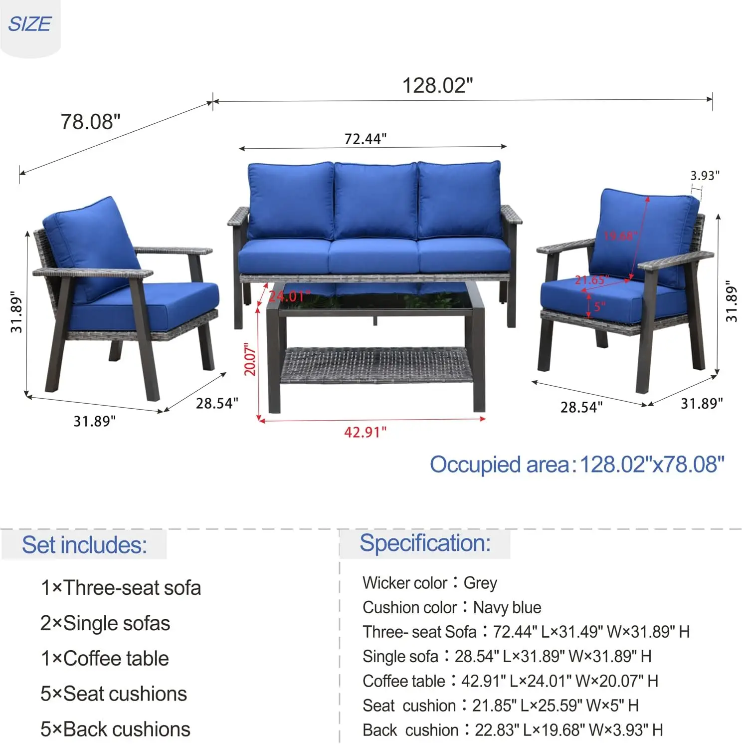 Sofá ao ar livre do Rattan do vime ajustado com mesa de centro, sofá traseiro alto, almofada grossa, mobília do pátio, todo o jardim do tempo, 4 pcs