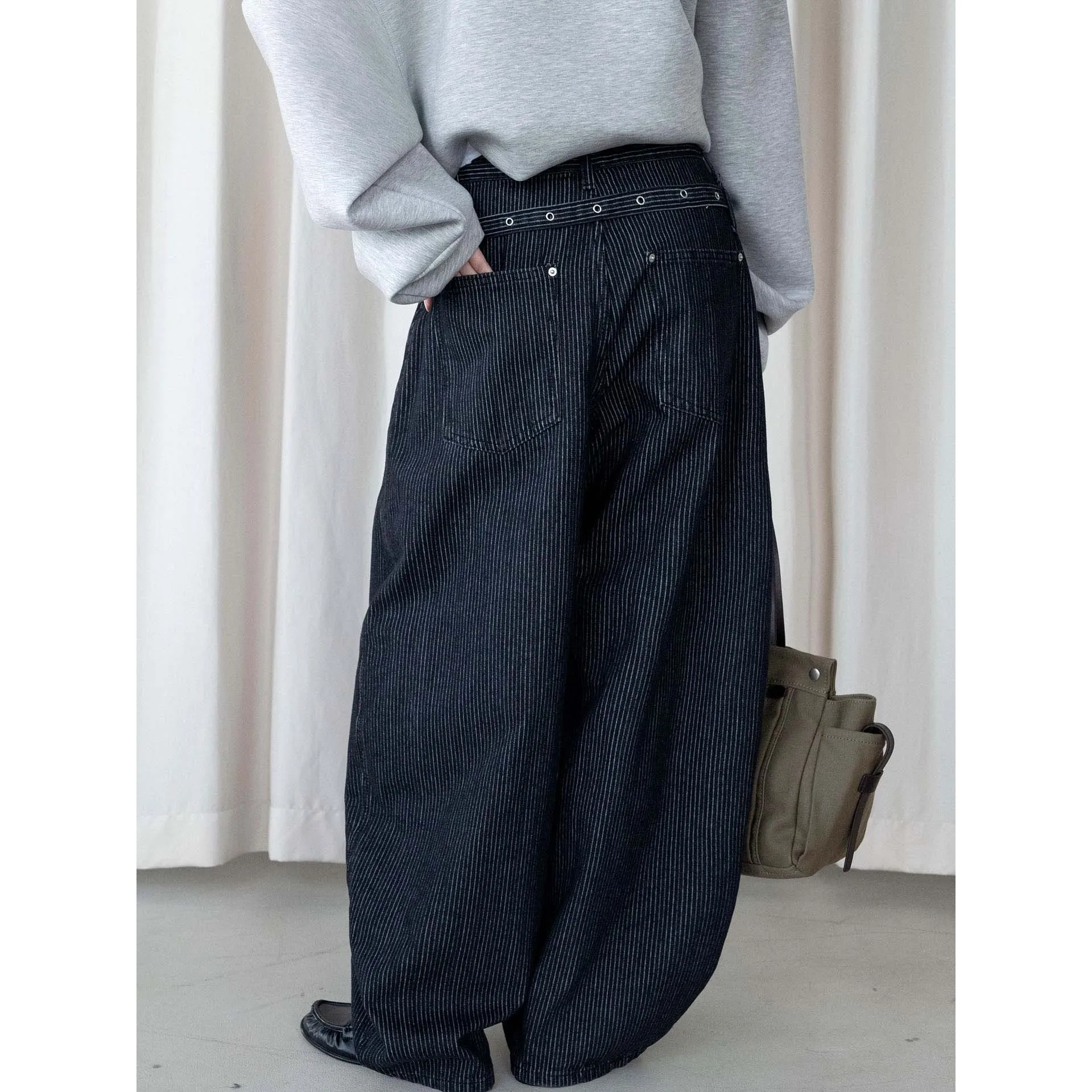 FANAN Women Striped Baggy Jeans High Waist Wide Leg Denim Pants Loose Oversized Trousers With Eyelet Belt Decor Streetwear
