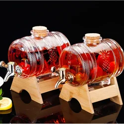 Fancy Borosilicate Glass Hand Blown Glass Cask 1L Plum Brewing Wine Glass Jar Glass Pot with Wooden Stand and Faucet