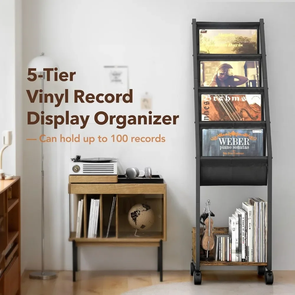 Bookshelf, Record Stand with Vinyl Holder Display Shelf, Movable Record Table for Book Magazine Turntable, 4 Tier Bookshelf