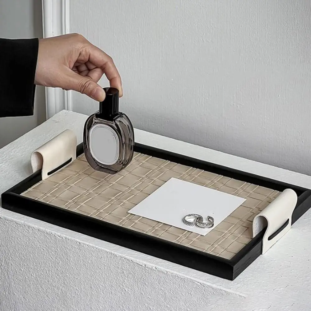 

Black/Beige Woven Leather Storage Tray Rectangle with Handle Jewelry Display Plate Handmade Cake Fruit Dessert Tray for Home
