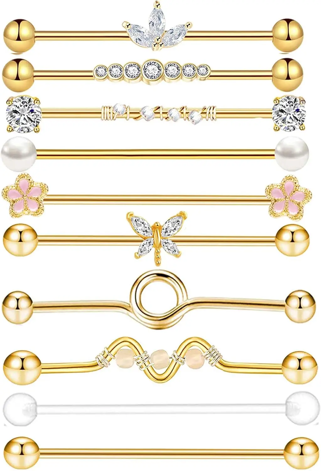 14g Industrial Barbell Surgical Steel Cartilage Earrings CZ Earring Crystal Ferido Industrail Piercing 1 1/2"(38mm) Bar Length