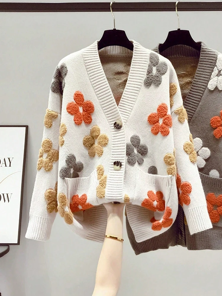 Вязаная накидка с цветочным принтом, пальто для женщин, осенне-зимняя женская одежда, кардиган на пуговицах, свитер, женские пальто, наряды, новая верхняя одежда