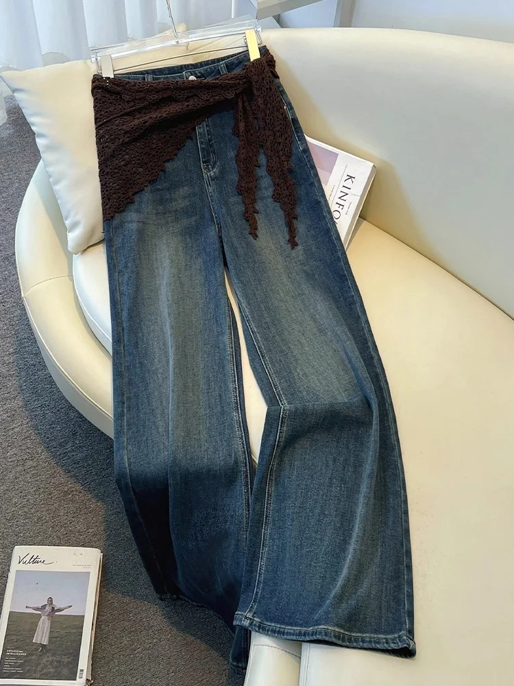 

Retro Hong Kong Style Loose Wide Leg Denim Jeans Women's Fall Winter High Waist Straight Cut Trousers Casual High Elasticity