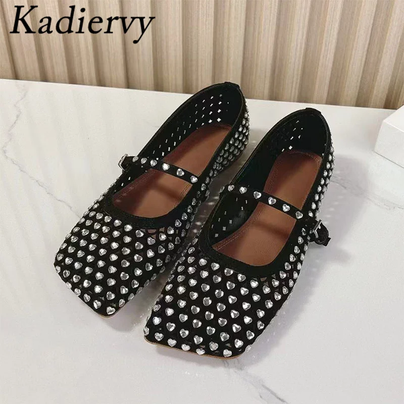 

Luxury Crystal Runway Ballet Shoes Women Square Toe Buckle Strap Loafers Mesh Hollow Mules Summer Comfort Flat Walk Shoes Woman