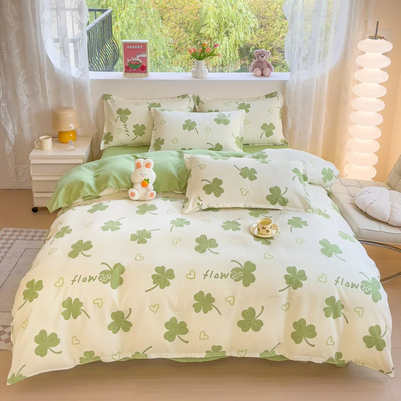 Green Clover Leaves Duvet Cover Set St Patrick's Day Gift Cotton Bedding Set Botanical Floral Comforter Cover with 2 Pillowcases