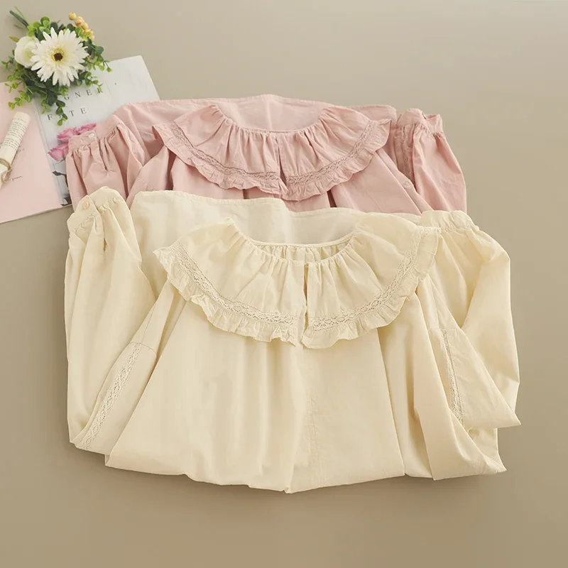 Spring Sweet Mori Girl Ruffles Collar Long Sleeve Cotton Blouse Women Korean Fashion Solid Color Casual Loose Shirt Tops