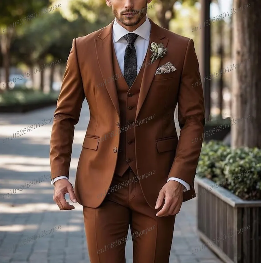 

New Formal Brown Men Suit Groom Groomsman Wedding Party Prom Business Tuxedos Male Costume 3 Piece Set Jacket Vest Pants