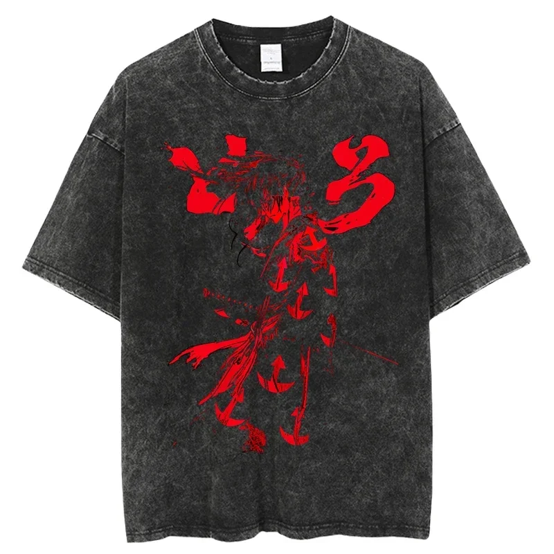 Vintage Washed Mens Streetwear Casual O-Neck Summer Short Sleeve Unisex T-Shirt Japanese Anime Dororo Graphic Printing Tshirt