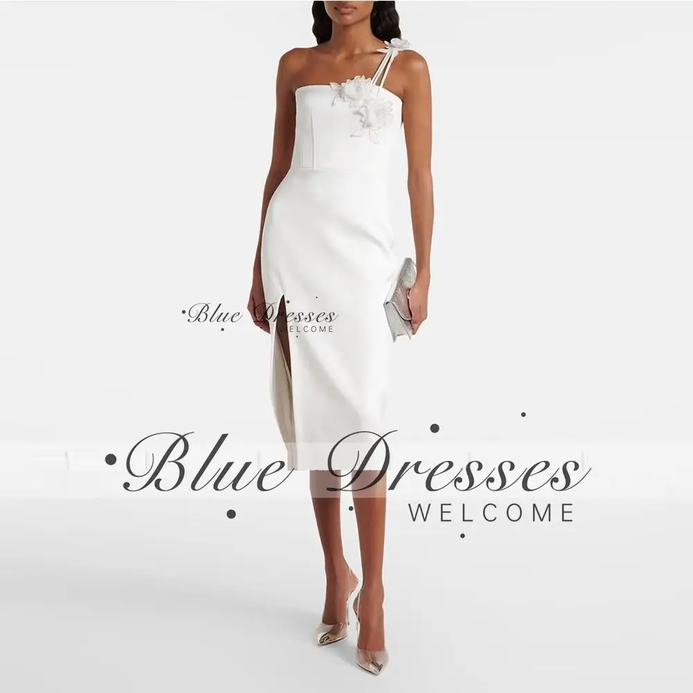 customized  Evening Gown For Wedding Sheath Formal Party Dress Tea Length Sleeveless Prom Dress Flowers Saudi Dress