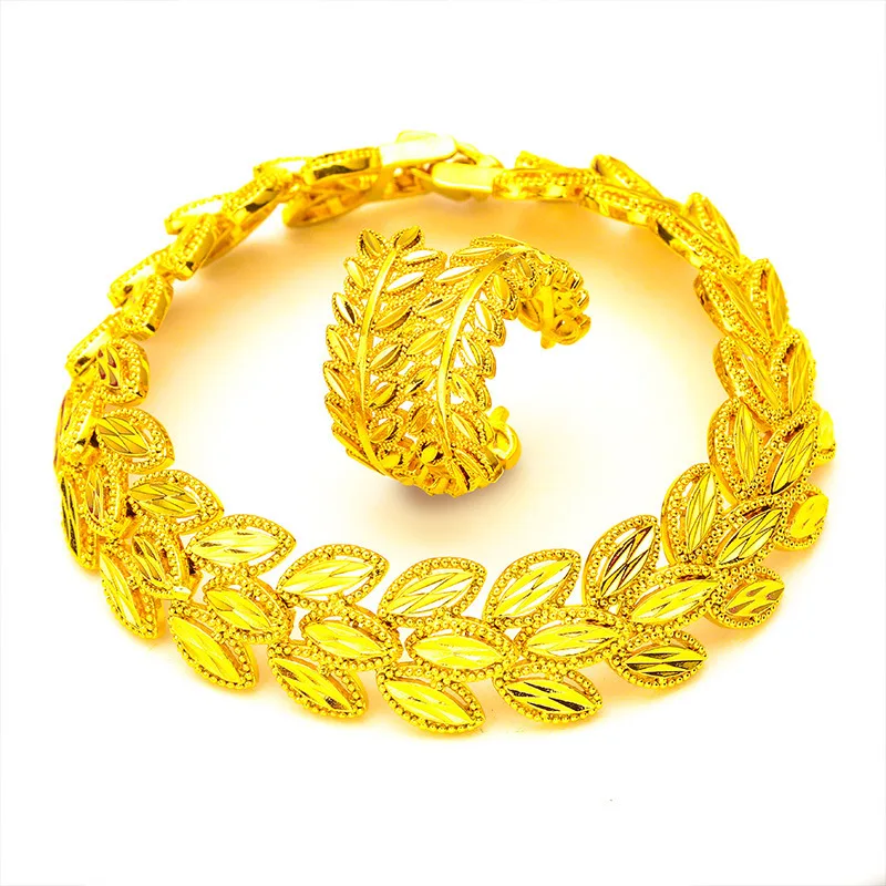 حلقة سوار أوراق القمح للسيدات من الذهب عيار 24 قيراط AU999 - حافة واسعة + تخفيف ثلاثي الأبعاد، قمح غير لامع/أوراق مصقولة، جذابة فاخرة #5