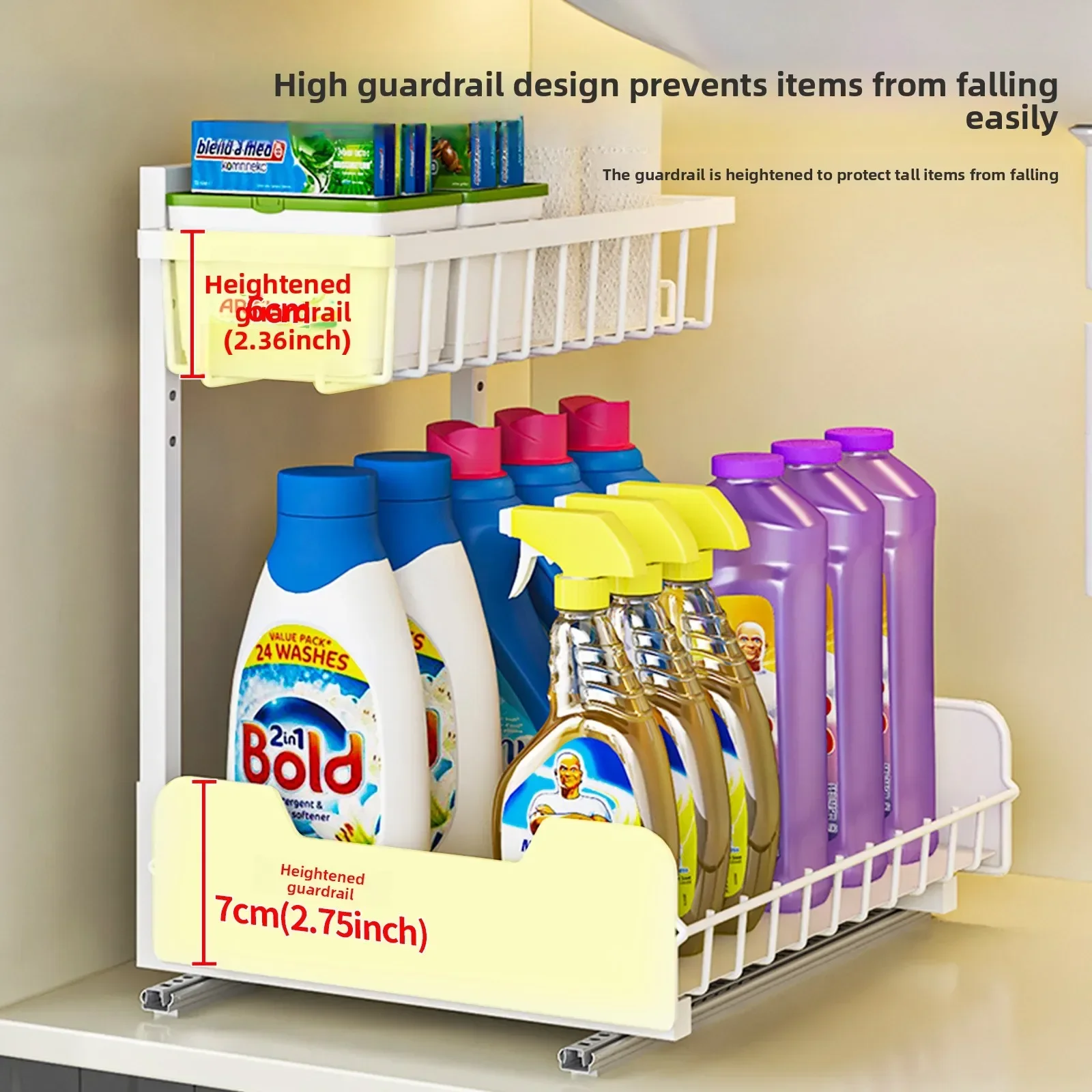 Multi-functional Kitchen Sink Lower Shelf Storage Pull Basket Two-way Guide Rail Bathroom Toilet Cabinet Layered Pull Basket
