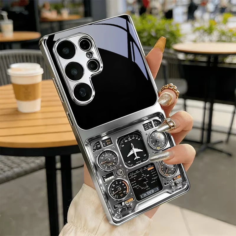 Retro Flight Gauge Art Electroplat Silver Phone Case For Samsung S24 Ultra S21 S22 FE S23 Plus S20 S25 S26 Note10 20 Glass Cover