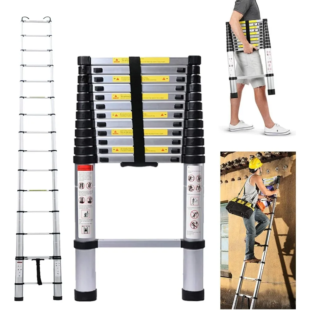 

16.5FT Aluminum Telescoping Ladder - Heavy Duty, Collapsible, Extension Ladder with 2 Detachable Hooks - Non-slip, Multi-purpose