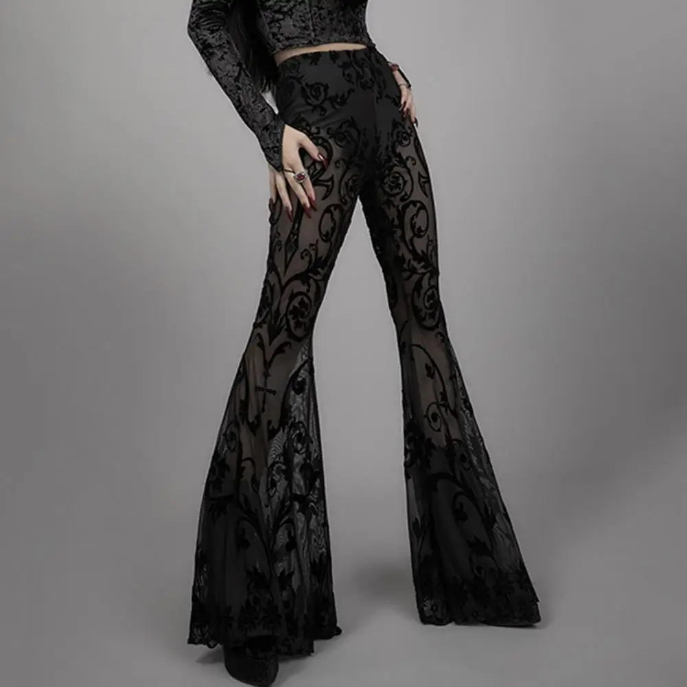 

Women Flared Pants Aesthetic Lace See Through Patchwork Bohemian Gothic Vintage Slim Trousers Vintage Elegant Trousers