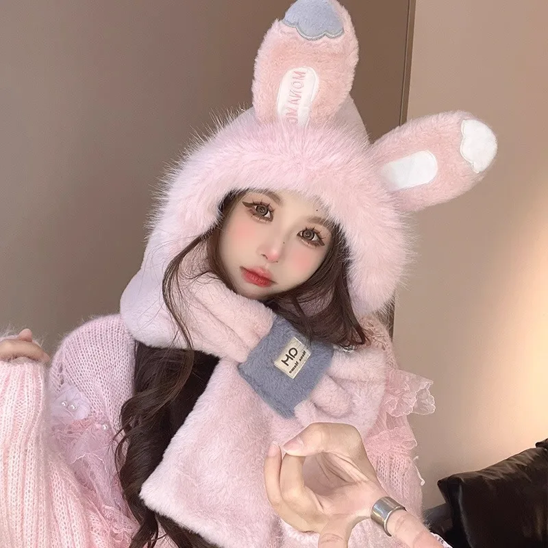 Sleeve Cap Women Rabbit Ears Plush Scarf Warm two-piece Cap Winter Outdoor Ear Protection Windproof Thickened Caps Hot