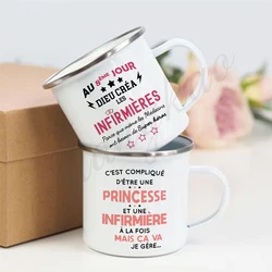 Best Nurse French Printed Enamel Mugs Coffee Cups Drink Wine Juice Mug Dessert Cocoa Milk Handle Cup Best Gift for Infirmiere