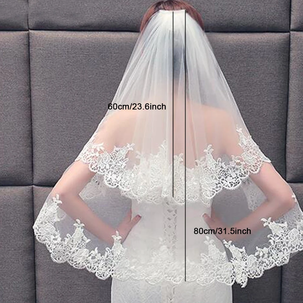 طبقتين من الحجاب الزفاف بحافة مزخرفة بالدانتيل مع مشط إكسسوارات الزفاف النسائية باللون الأبيض العاجي #5