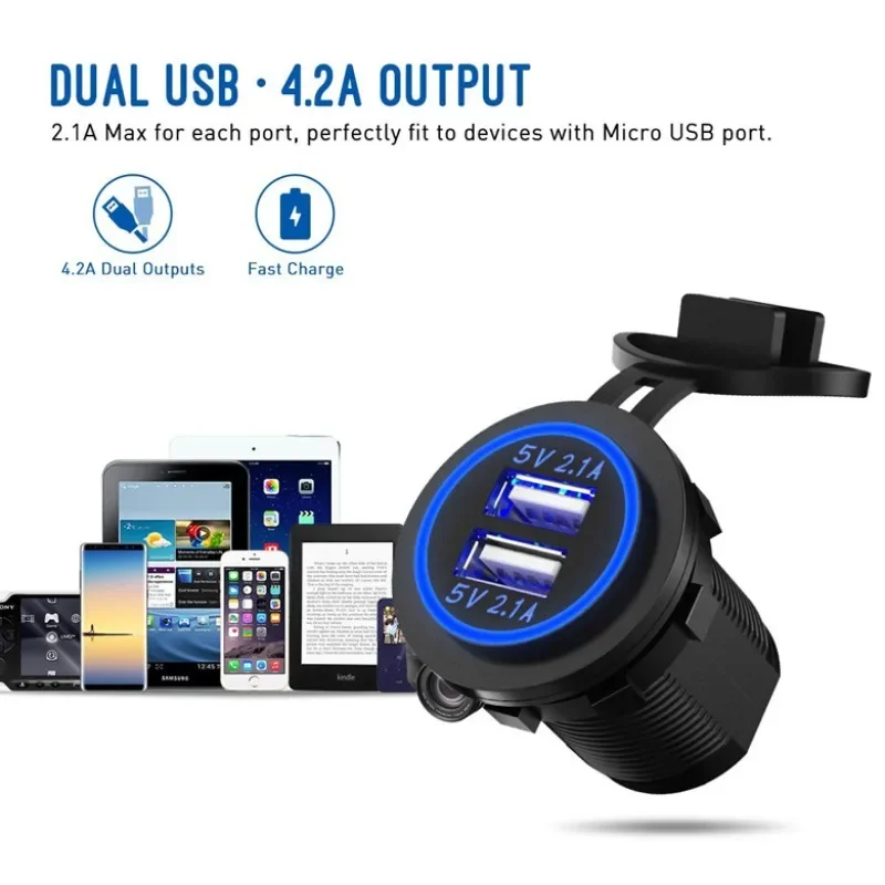 شاحن سيارة مع كابل مدمج، شاحن USB الكل في واحد للسيارة والدراجات النارية #1