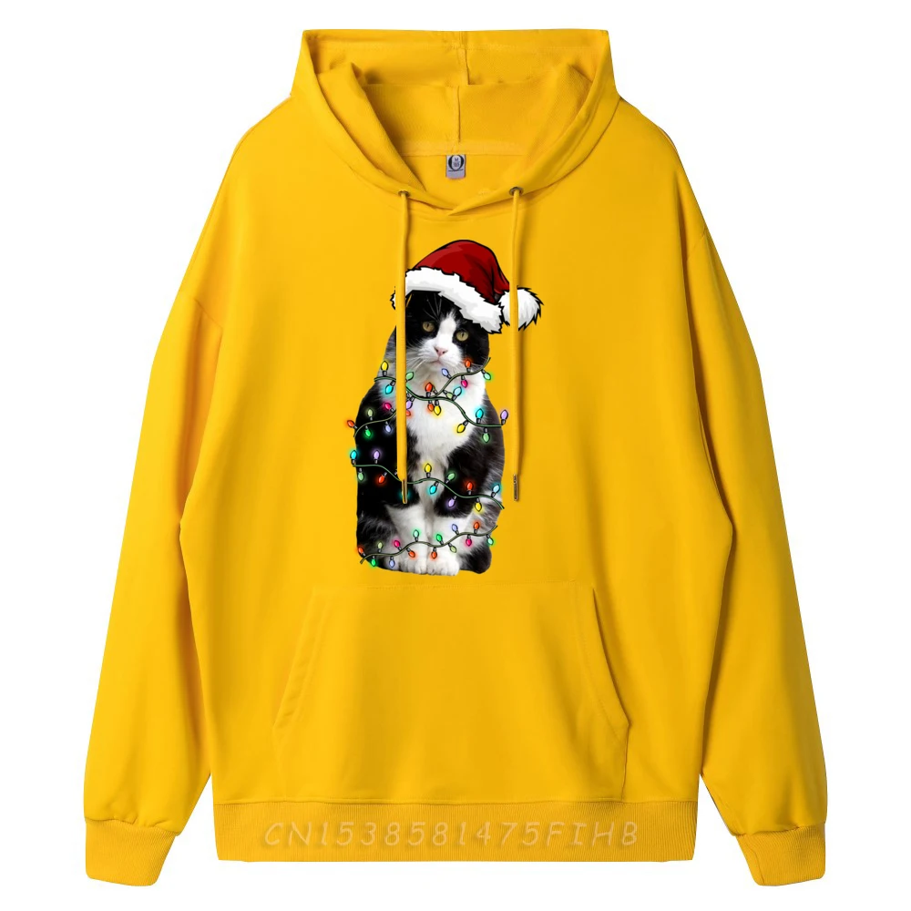 Cute Tuxedo Black Cat Christmas Light Cat Christmas Pajama Graphic Shirts Men Oversized Hoodies Men
