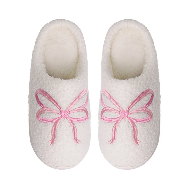 

New Autumn and Winter Plush Women's Slippers Sweet Bow Print Daily Comfortable and Versatile Soft Sole Flat Slippers