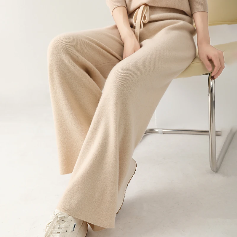 100% wool wide leg pants for women high waisted lace up cashmere straight leg floor pants outerwear autumn and winter pants