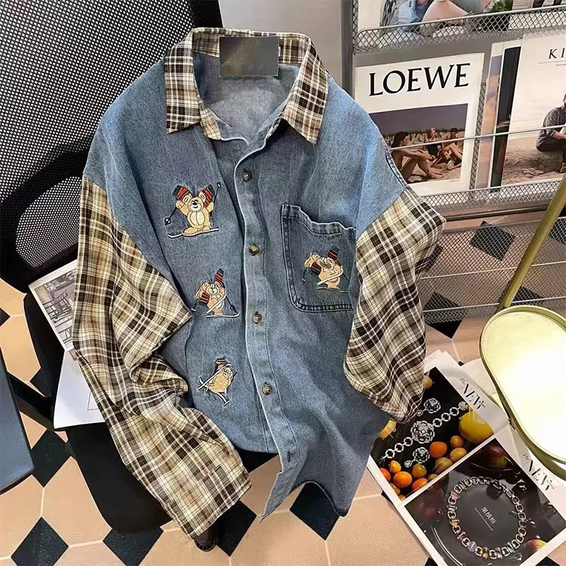 

Plaid Stitching Denim Shirts Men Women Spring Autumn New Loose Casual Long-Sleeved Shirt Jacket Retro Style Jacket Fashion Trend