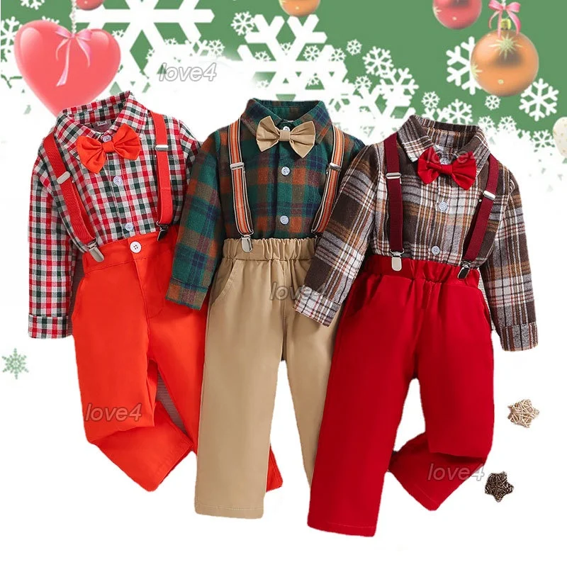 Christmas Outfit for Boys Clothes Set Kids Fashion Blouse Top Long Sleeve Plaid Shirt Suspender Pants with Bow Tie Photograph