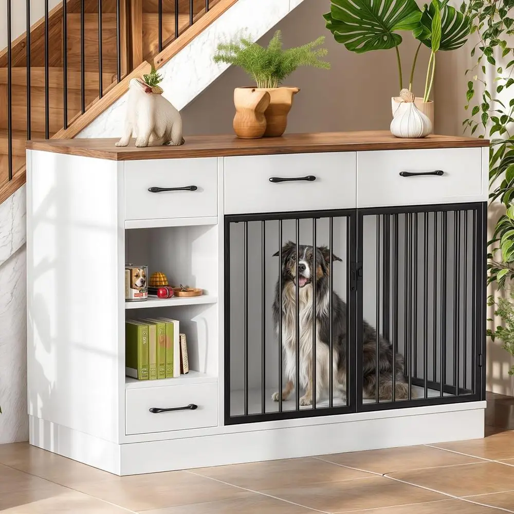 

Wooden Dog Crate with Storage Drawers and Hidden Food Bowl, Suitable for Small to Medium Dogs